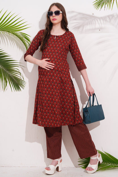 Womens Maternity Kurti Pant Set - Red