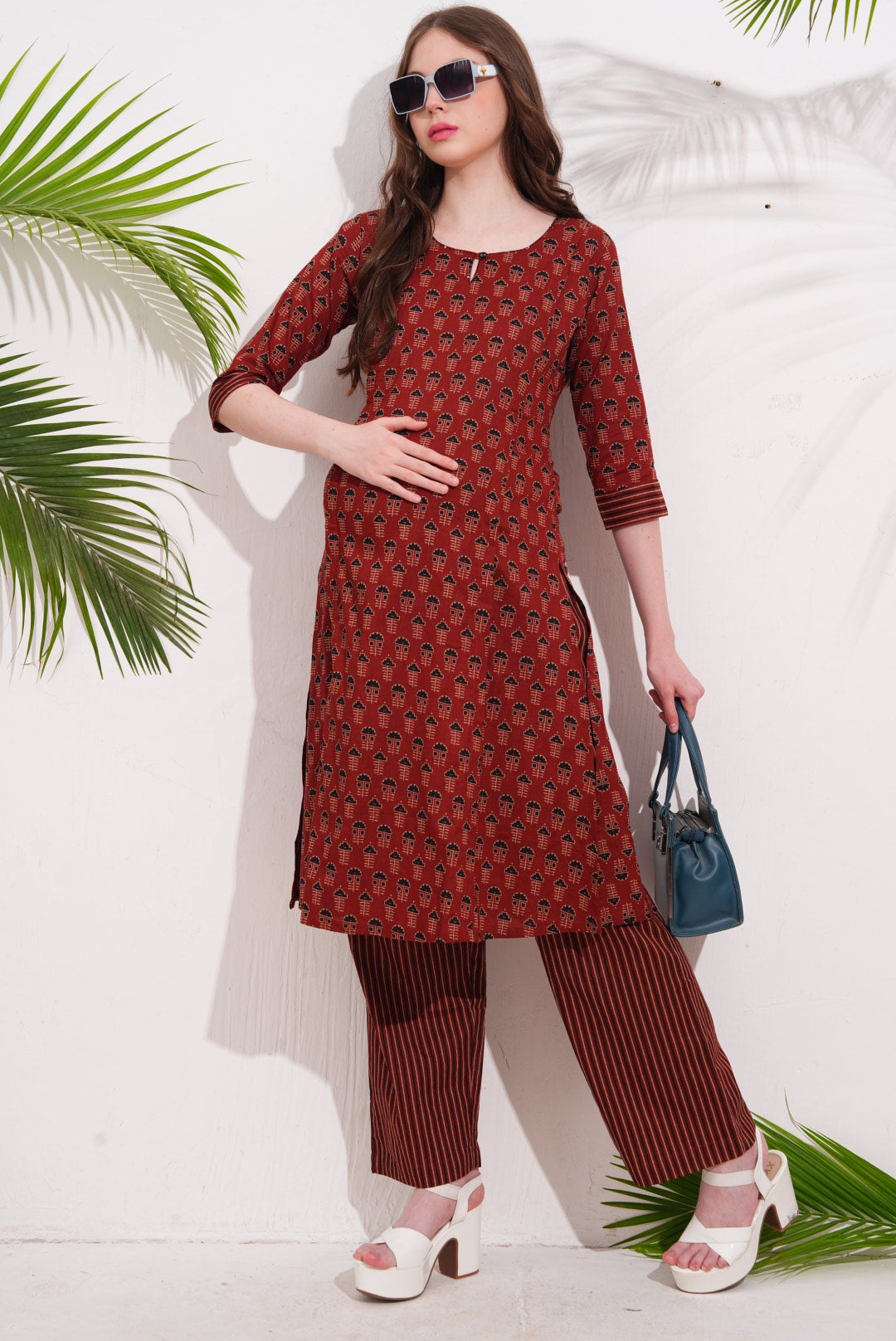 Womens Maternity Kurti Pant Set - Red