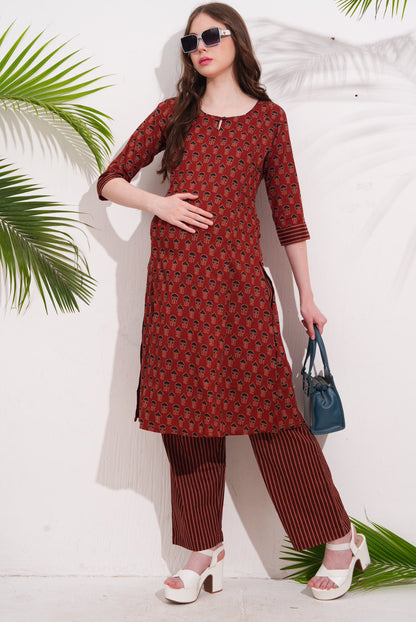 Womens Maternity Kurti Pant Set - Red
