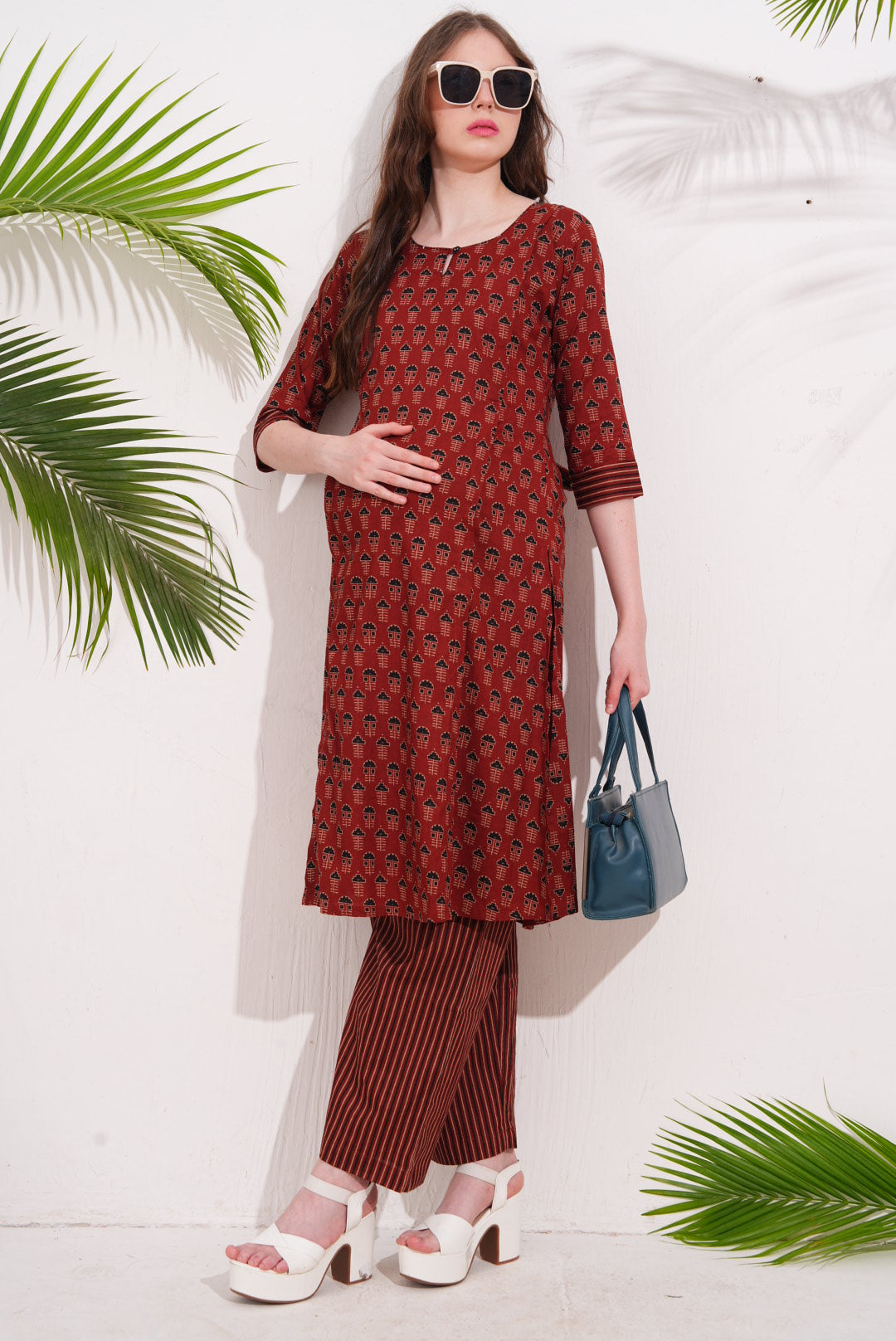 Womens Maternity Kurti Pant Set - Red