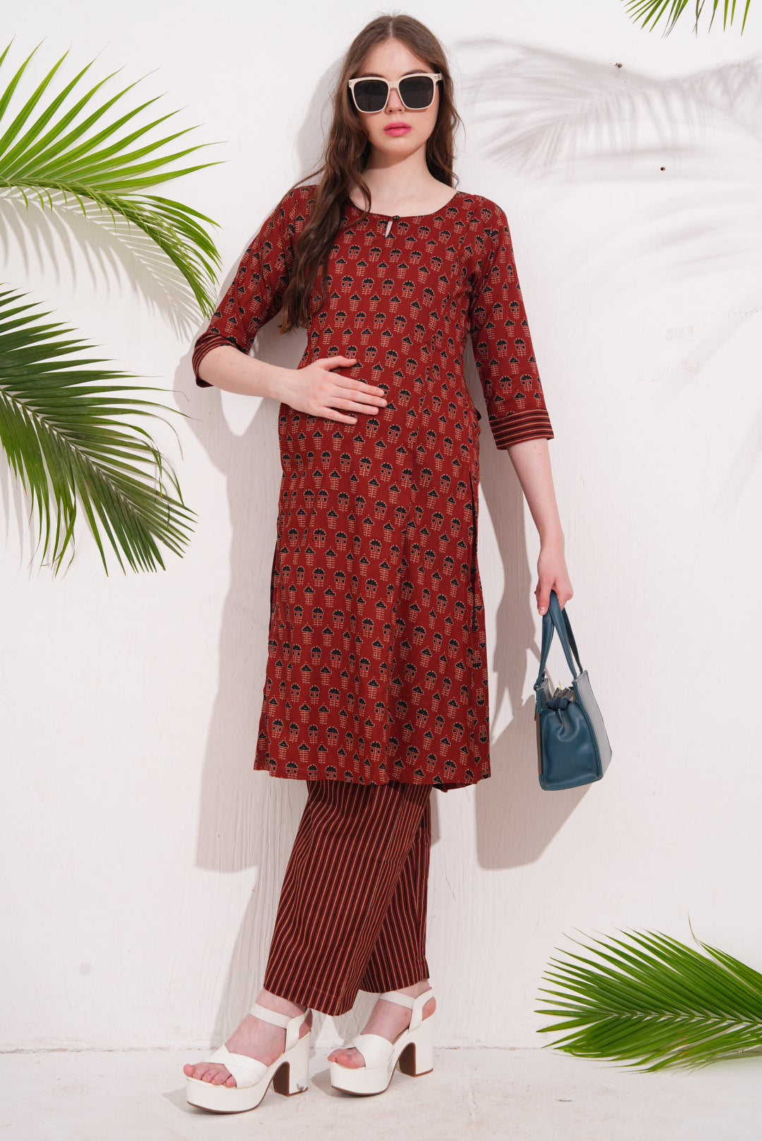 Womens Maternity Kurti Pant Set - Red