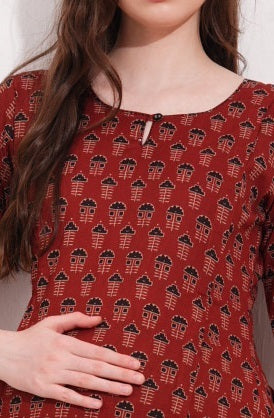Womens Maternity Kurti Pant Set - Red