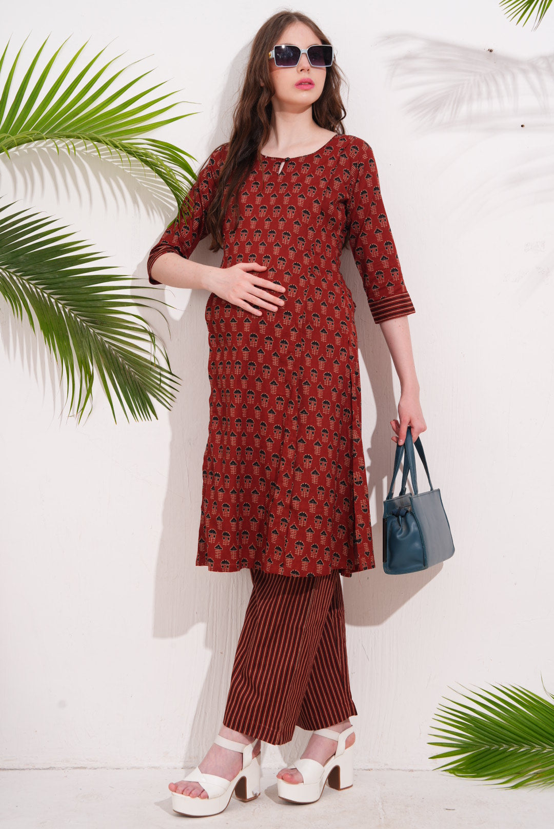 Womens Maternity Kurti Pant Set - Red