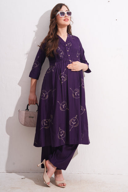 Womens Maternity Kurti Pant Set - Purple