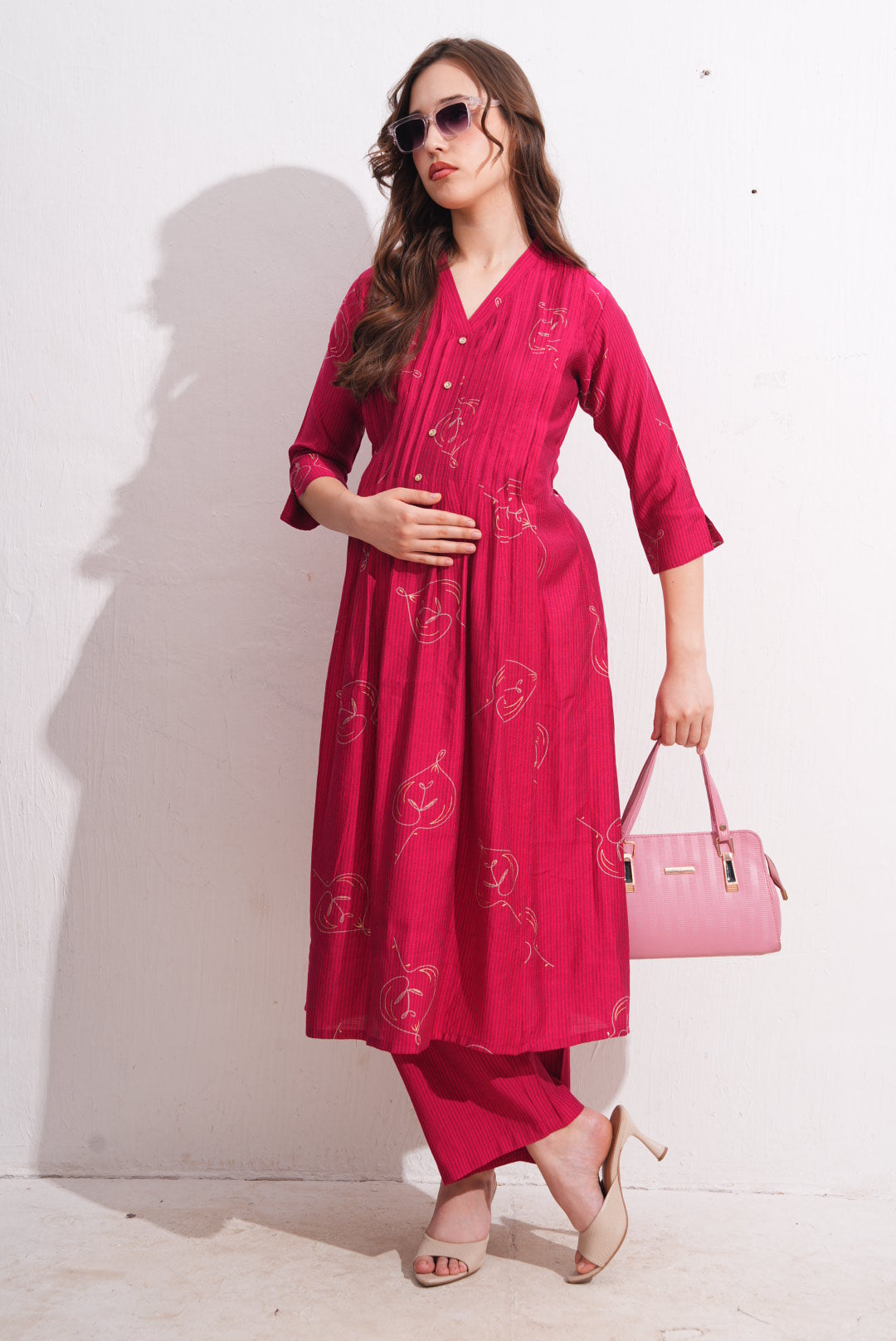 Womens Maternity Kurti Pant Set - Fuchsia