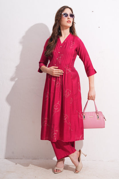 Womens Maternity Kurti Pant Set - Fuchsia