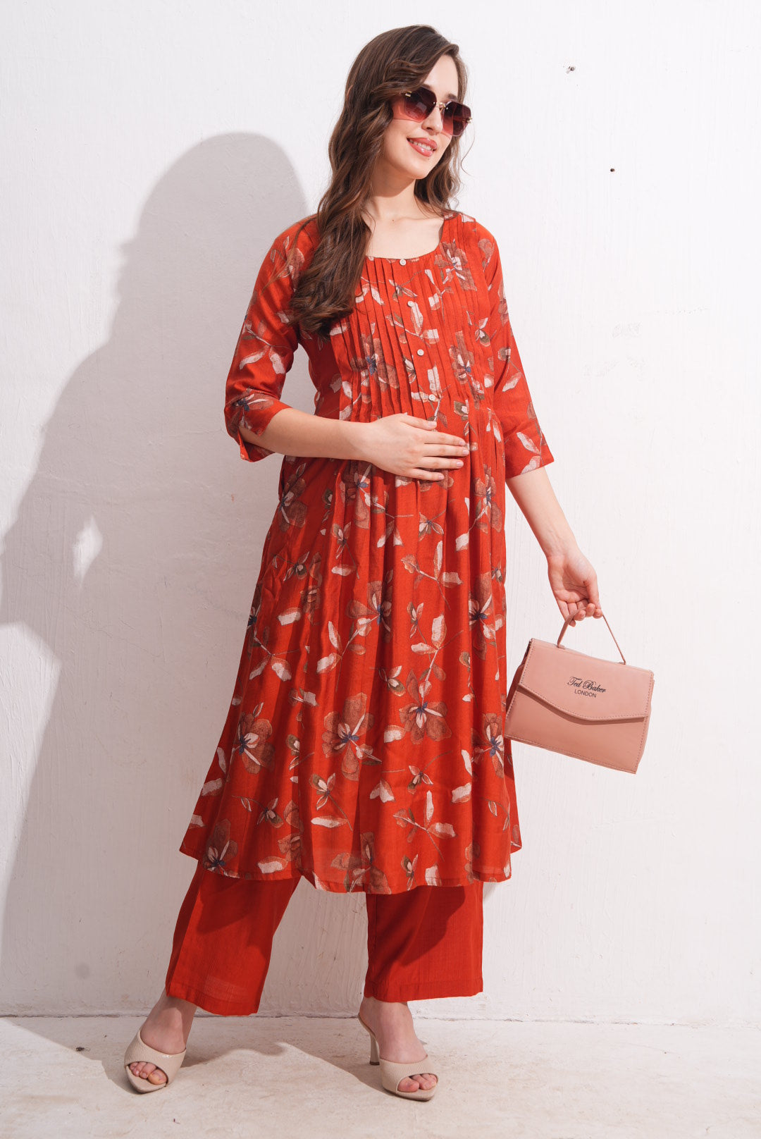 Womens Maternity Kurti Pant Set - Orange