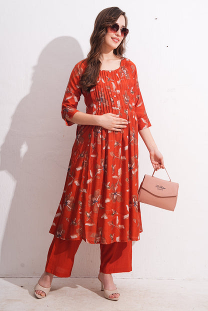 Womens Maternity Kurti Pant Set - Orange