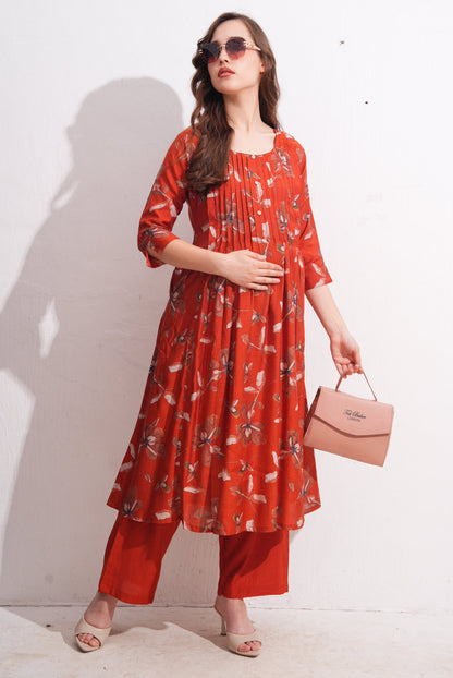 Womens Maternity Kurti Pant Set - Orange