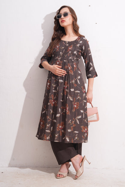 Womens Maternity Kurti Pant Set - Coffee