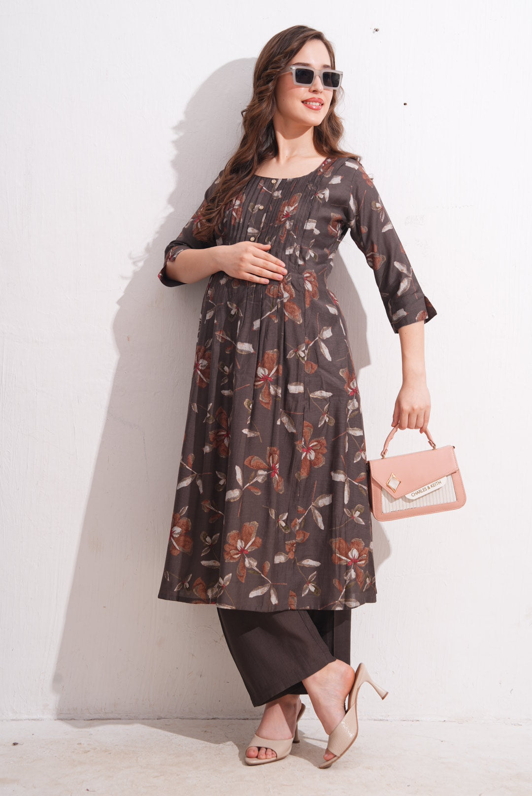 Womens Maternity Kurti Pant Set - Coffee