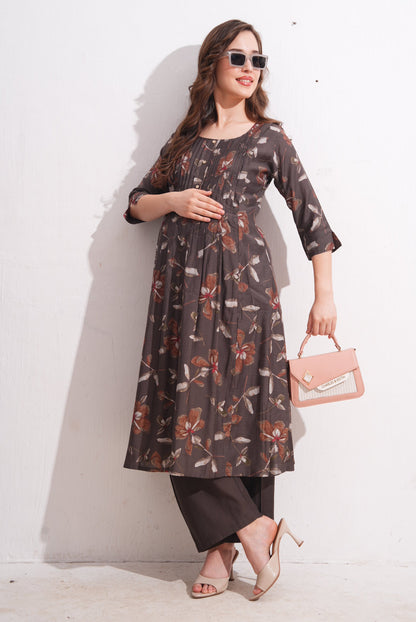 Womens Maternity Kurti Pant Set - Coffee