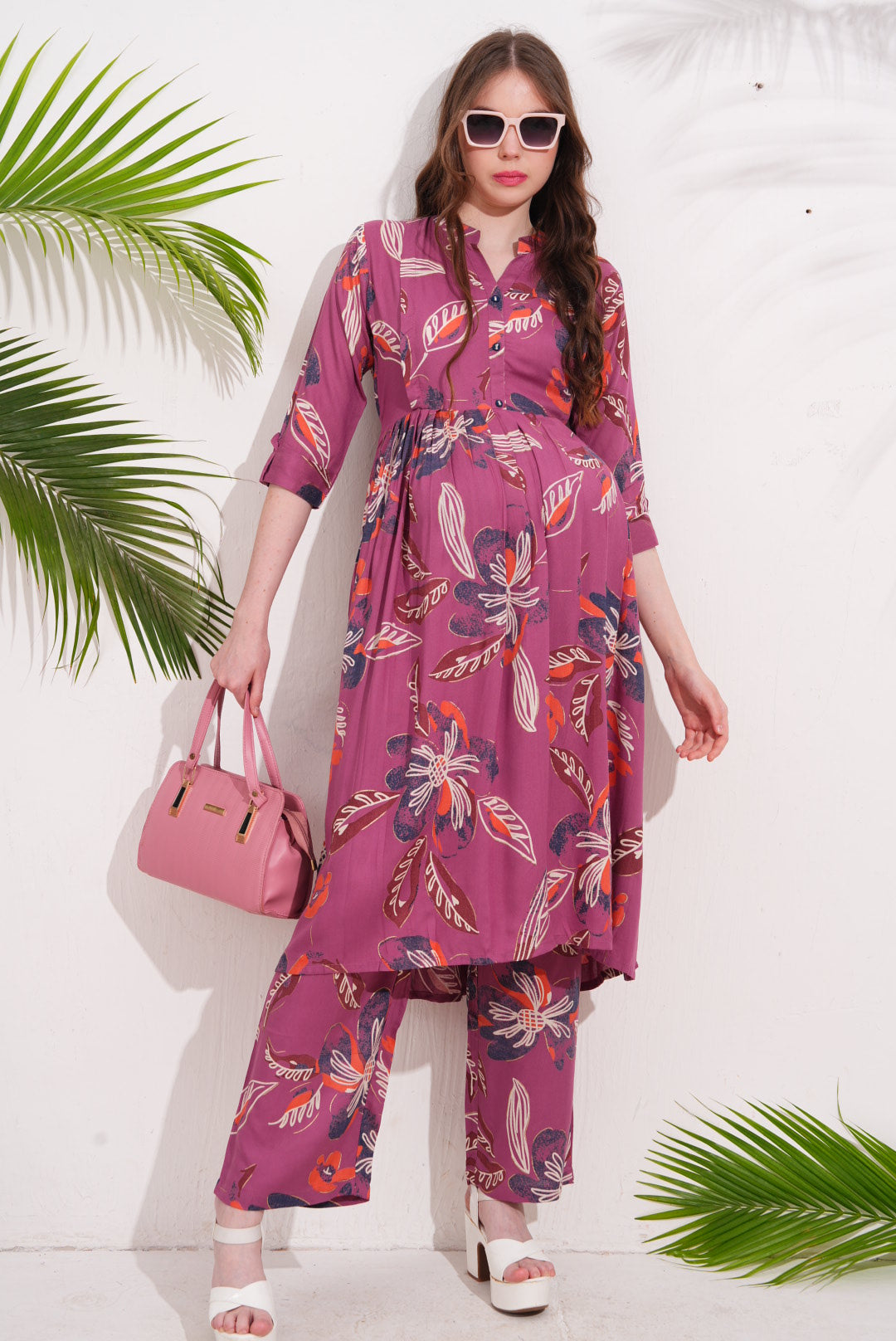 Womens Maternity Kurti Pant Set - Fuchsia