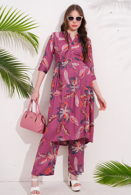 Womens Maternity Kurti Pant Set - Fuchsia