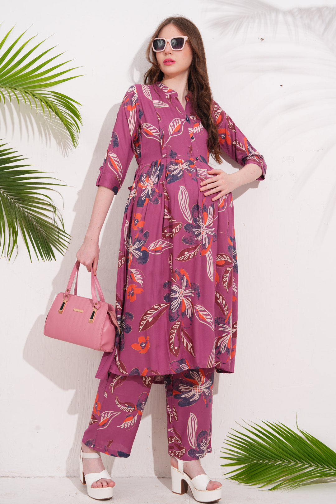 Womens Maternity Kurti Pant Set - Fuchsia