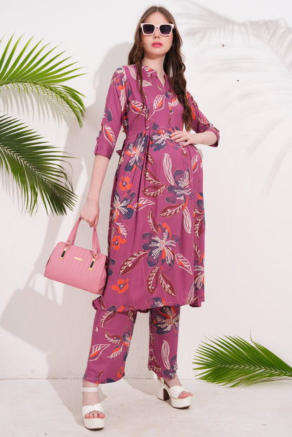 Womens Maternity Kurti Pant Set - Fuchsia