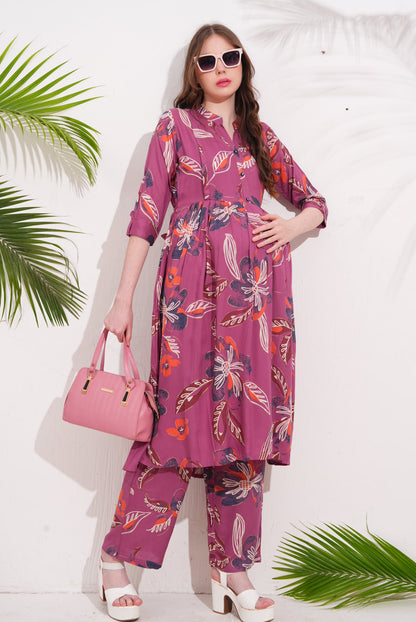 Womens Maternity Kurti Pant Set - Fuchsia