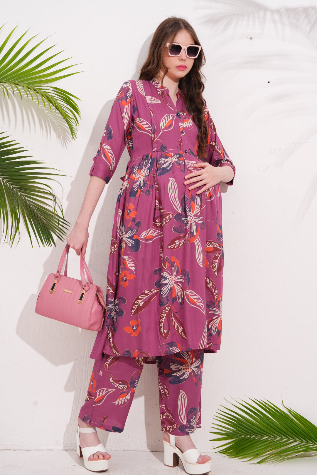 Womens Maternity Kurti Pant Set - Fuchsia