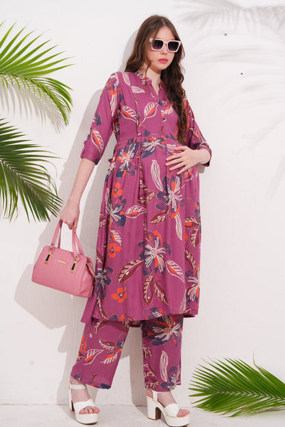 Womens Maternity Kurti Pant Set - Fuchsia