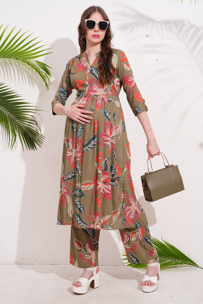 Womens Maternity Kurti Pant Set - Khaki