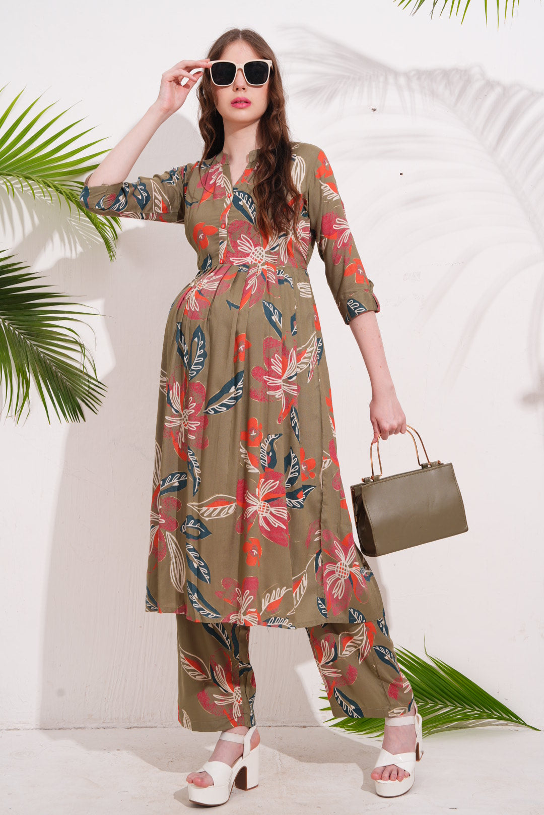 Womens Maternity Kurti Pant Set - Khaki
