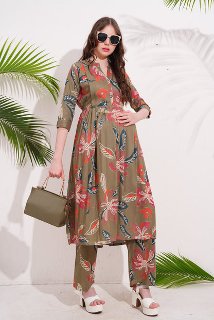 Womens Maternity Kurti Pant Set - Khaki
