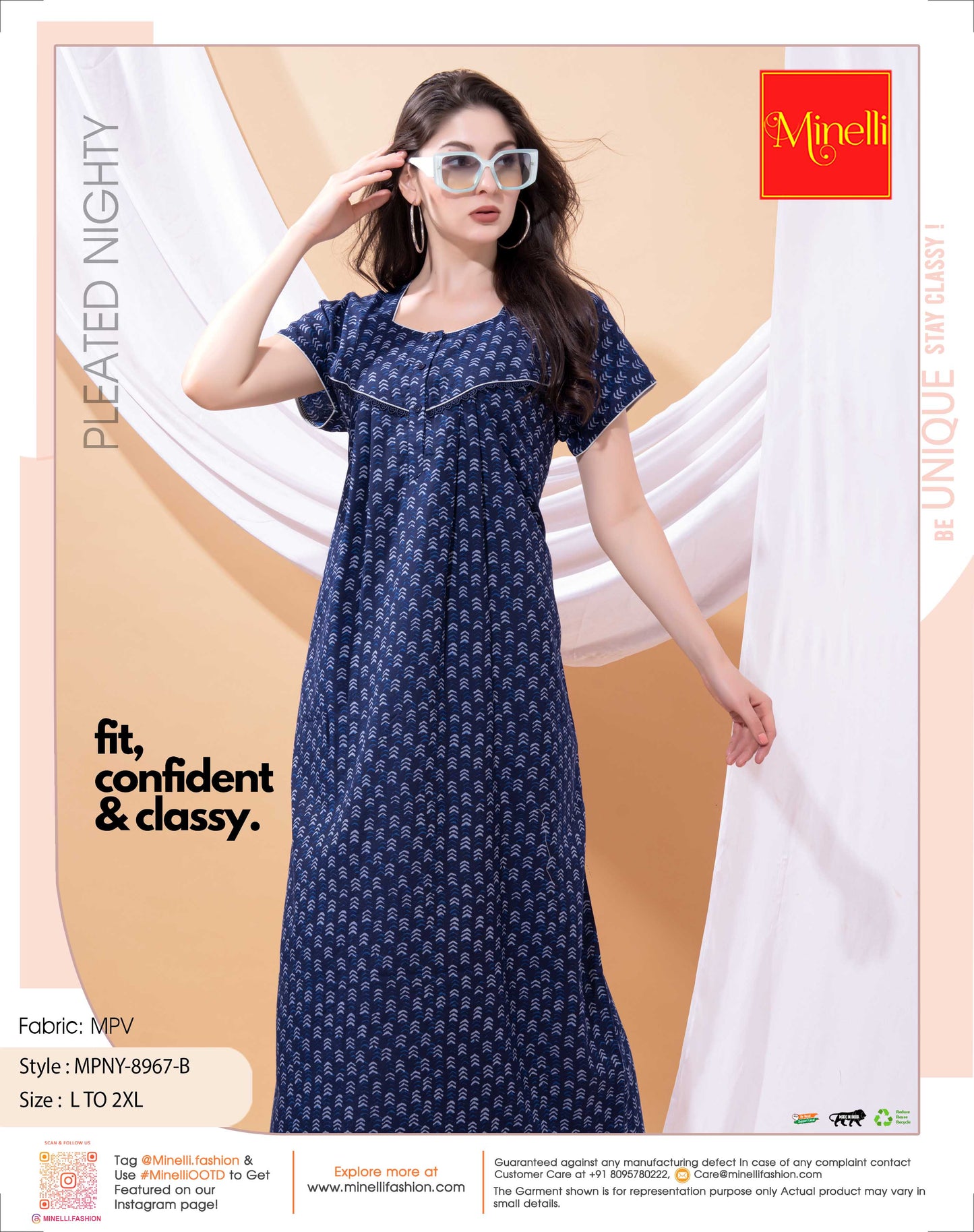 Blue-Colored PV Pleated Nightdress