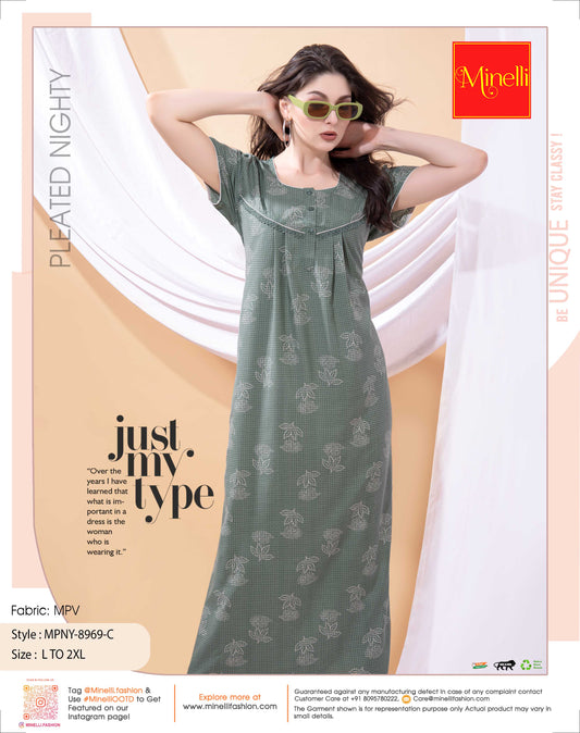 Green-Colored PV Pleated Nightdress