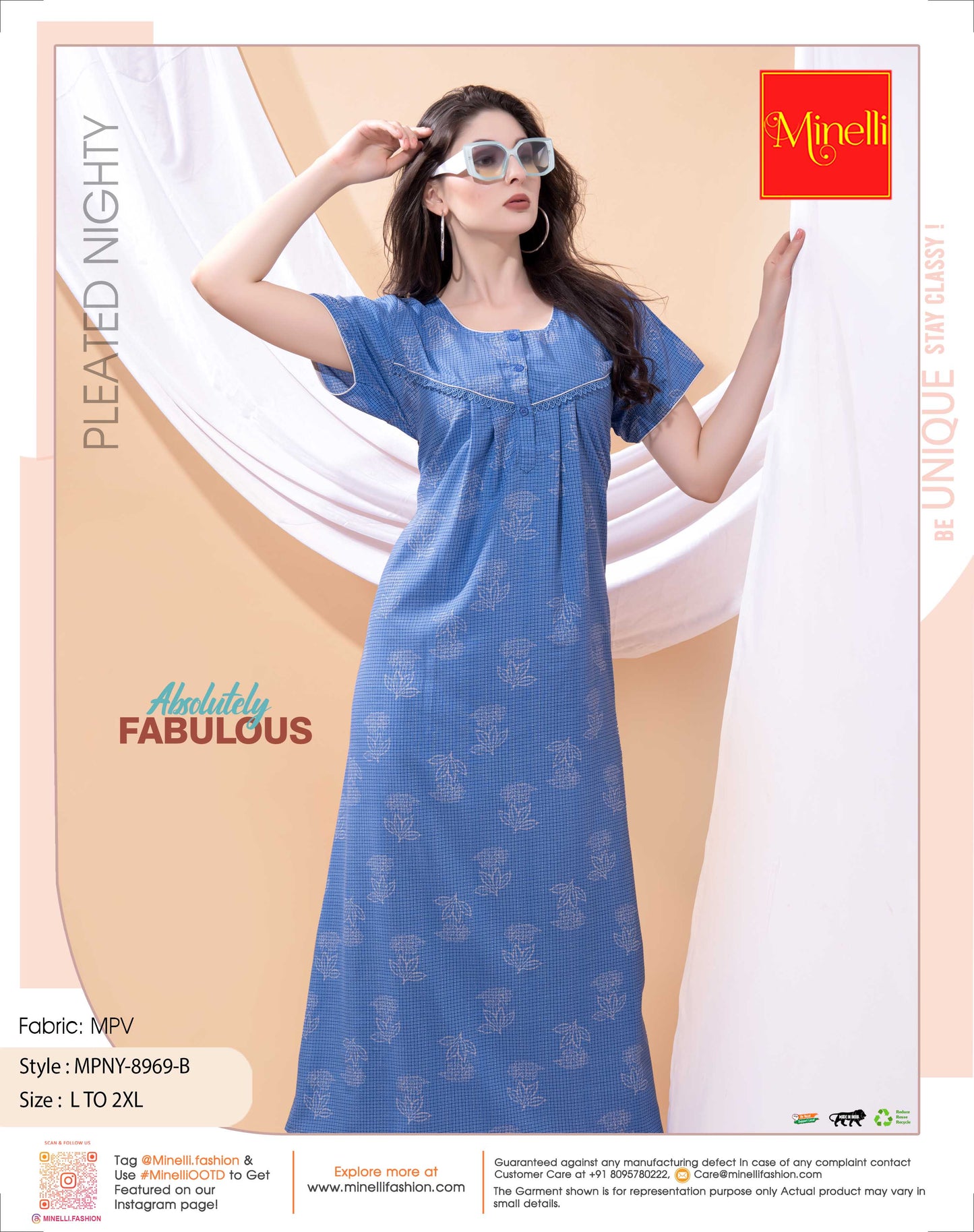 Blue-Colored PV Pleated Nightdress