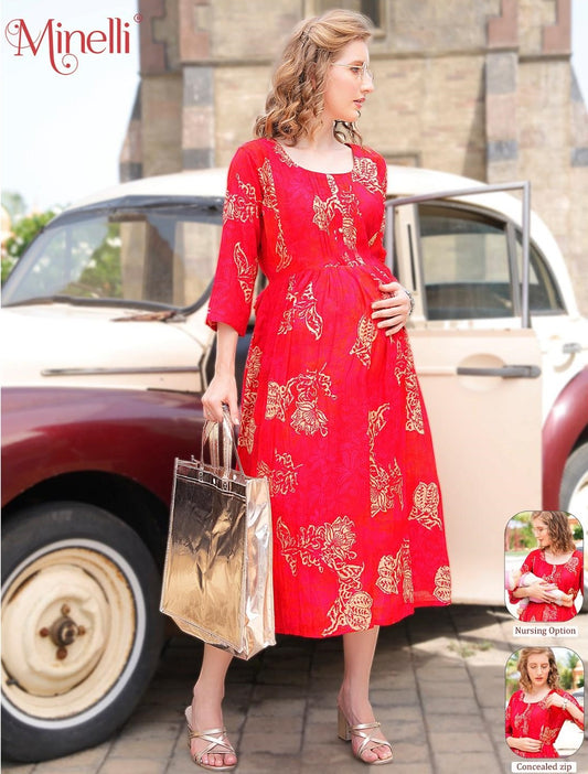 Red-Colored Maternity 3/4th Gown