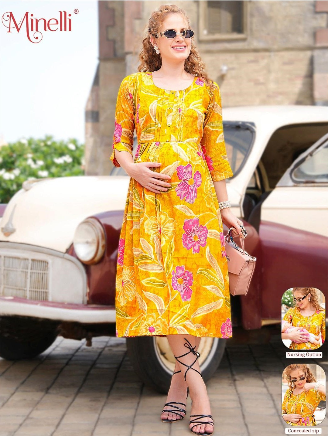 Yellow-Colored Maternity 3/4th Gown