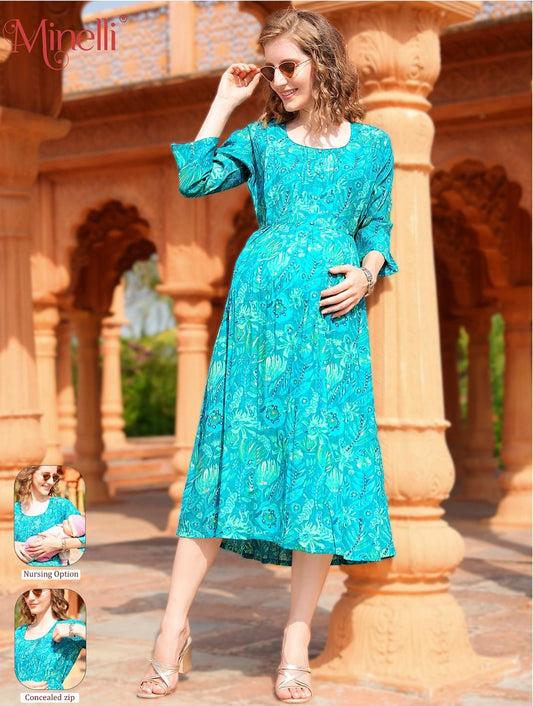Sea Green-Colored Maternity 3/4th Gown