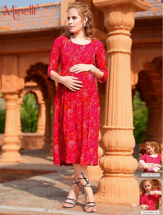 Red-Colored Maternity 3/4th Gown