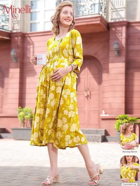 Yellow Ochre-Colored Maternity 3/4th Gown