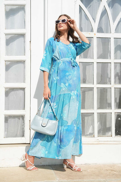 Sky Blue-Colored Maternity Long Gown