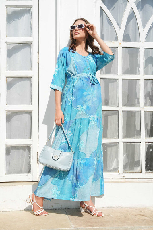 Sky Blue-Colored Maternity Long Gown