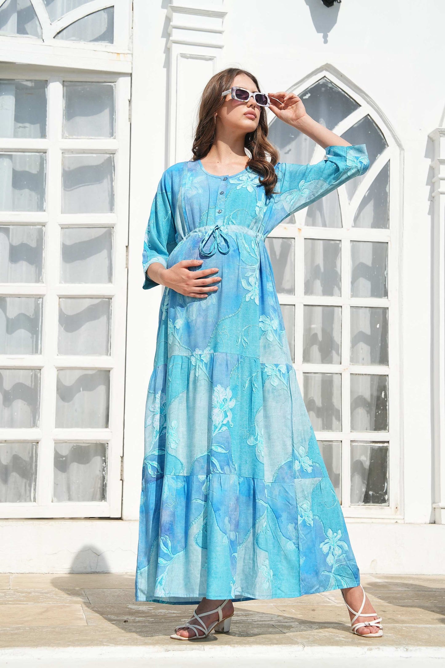 Sky Blue-Colored Maternity Long Gown