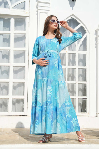 Sky Blue-Colored Maternity Long Gown