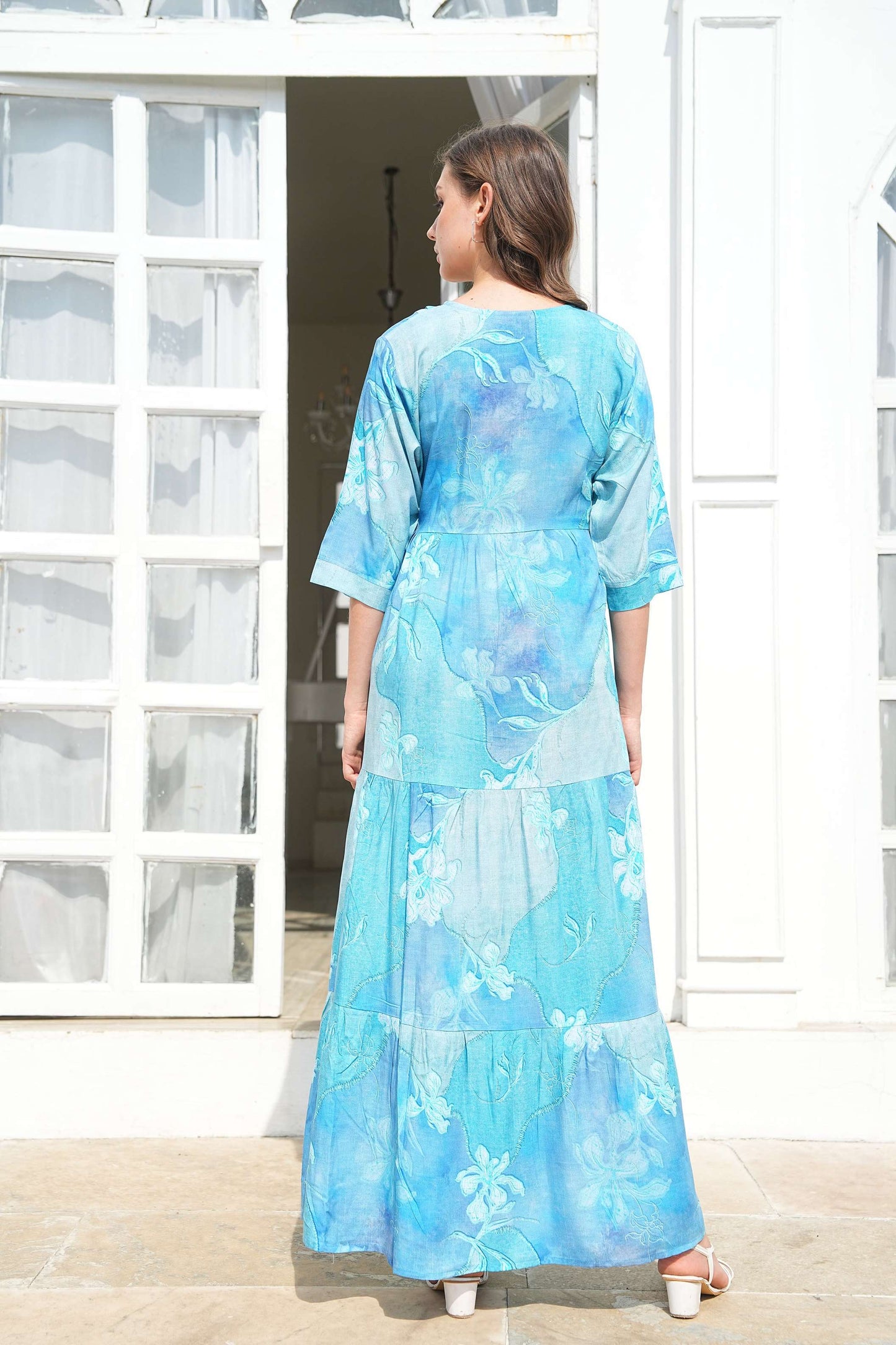 Sky Blue-Colored Maternity Long Gown
