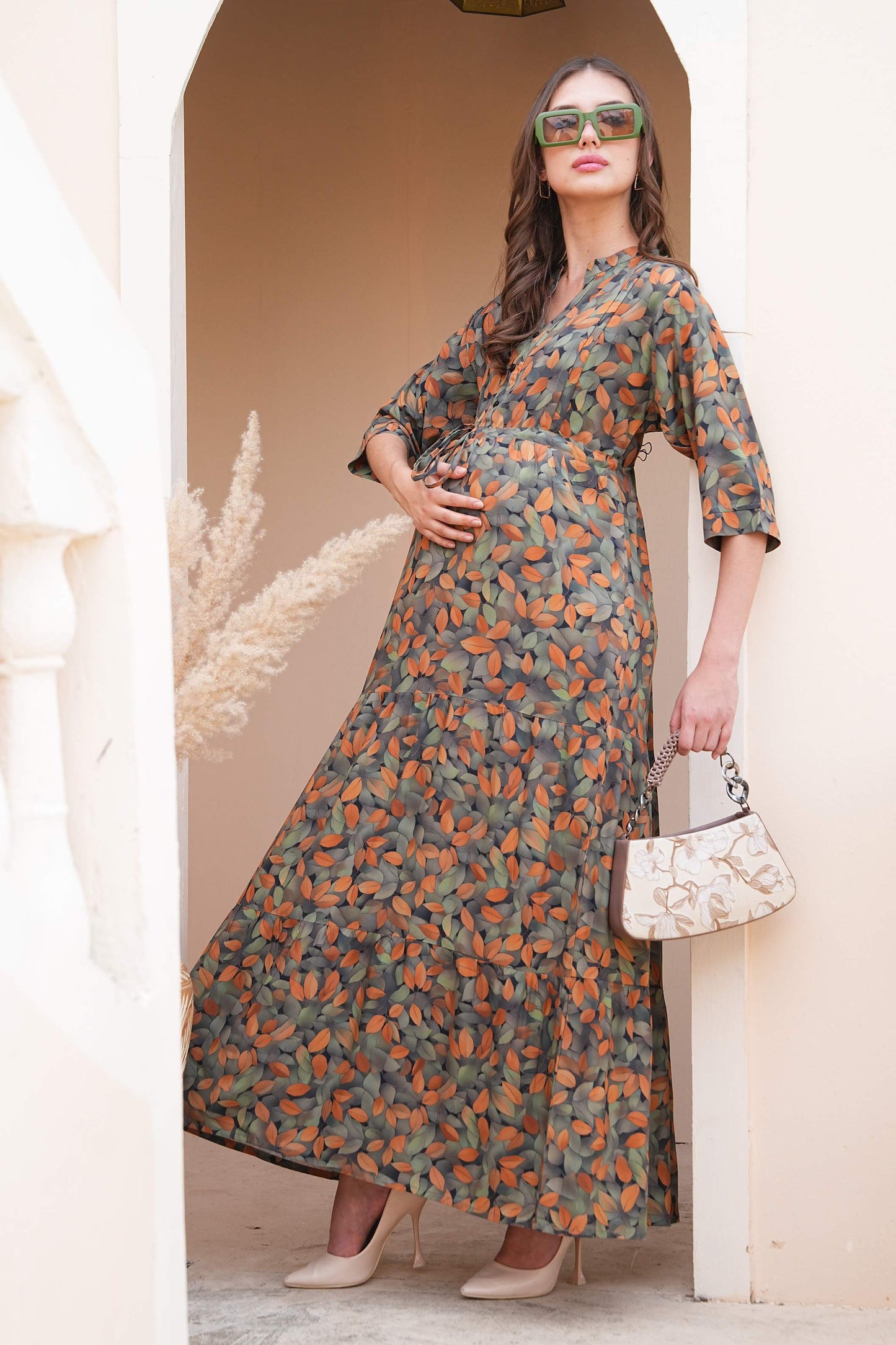 Grey-Colored Maternity Long Gown