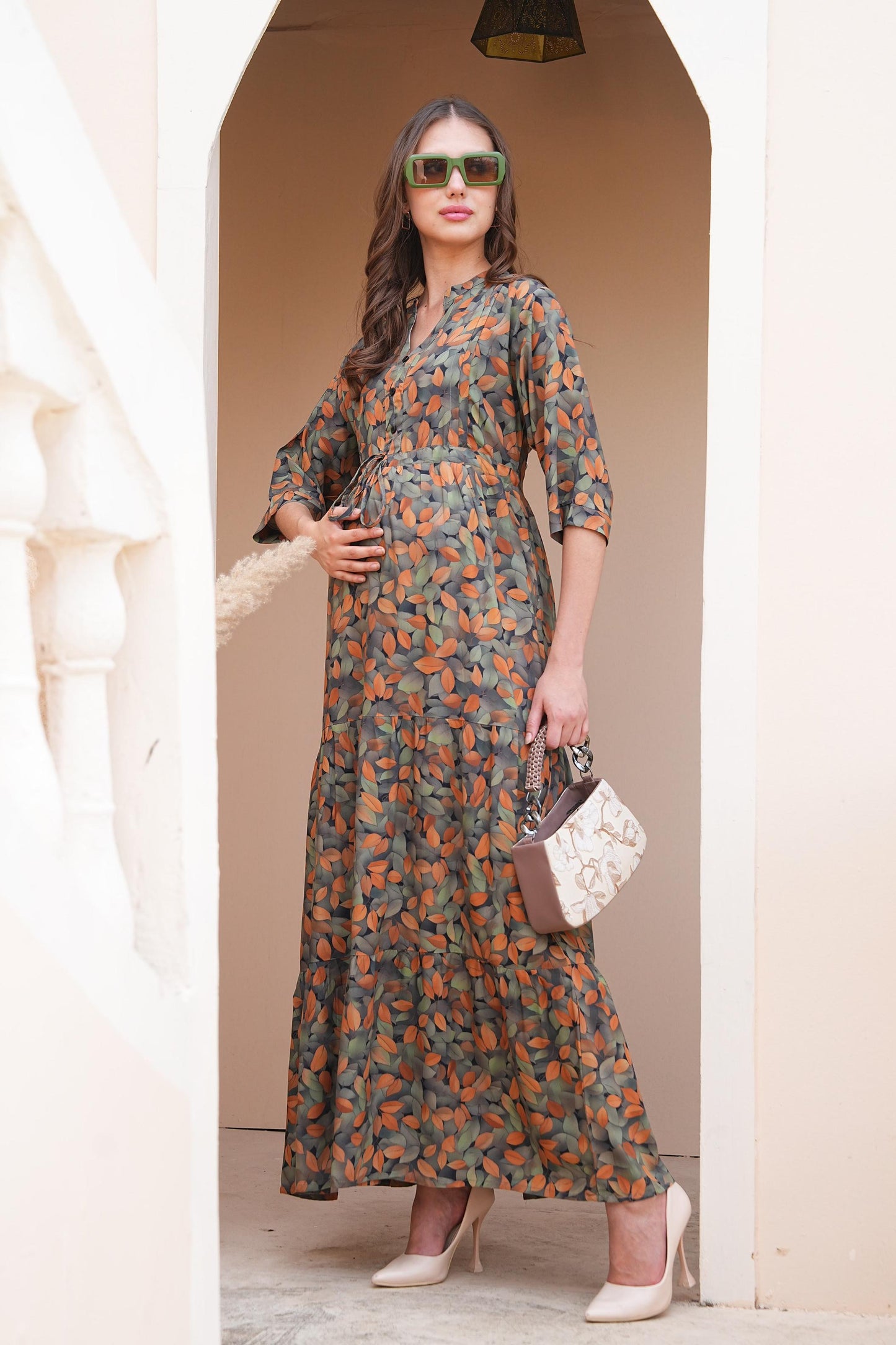 Grey-Colored Maternity Long Gown