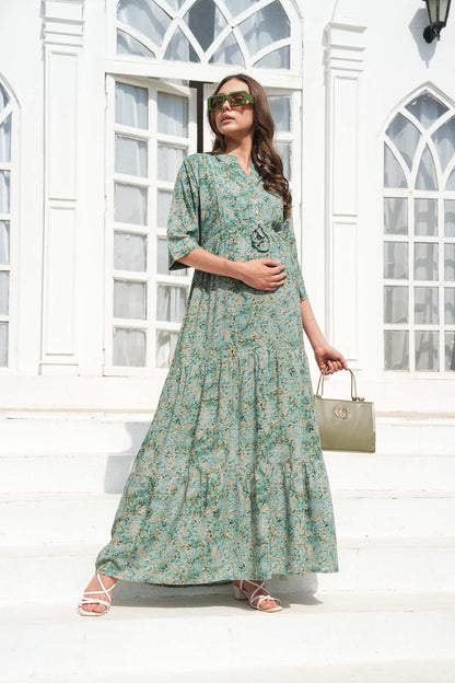 Green-Colored Maternity Long Gown