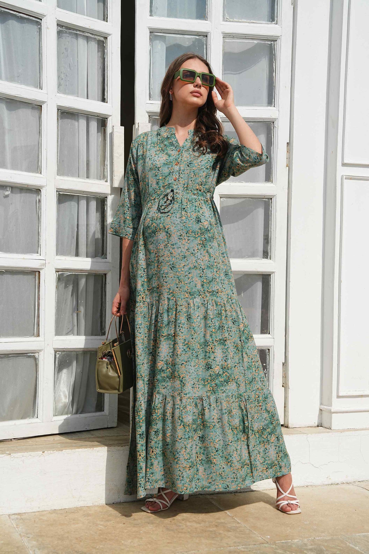 Green-Colored Maternity Long Gown