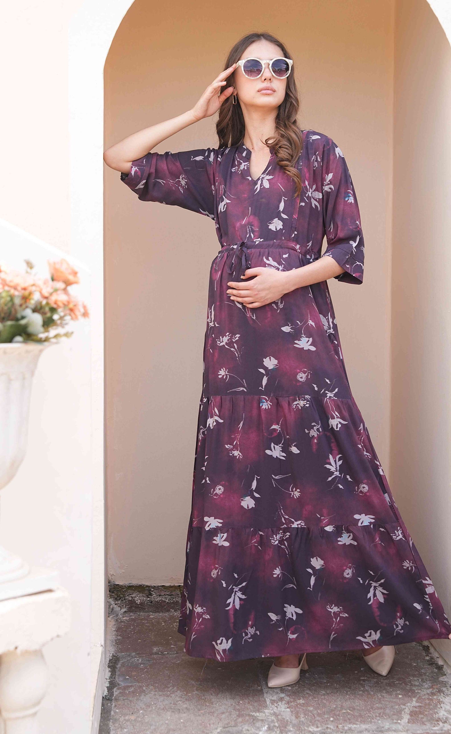Wine-Colored Maternity Long Gown