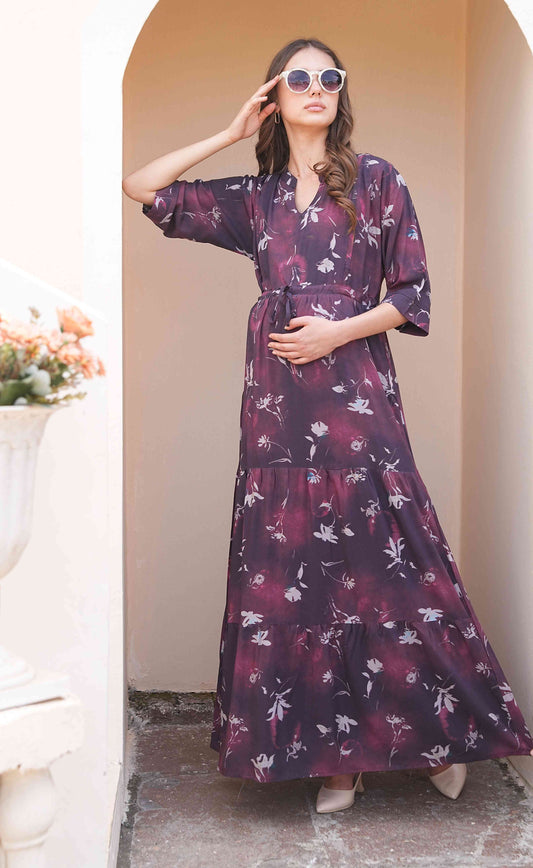 Wine-Colored Maternity Long Gown
