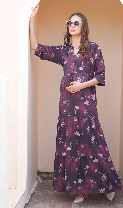 Wine-Colored Maternity Long Gown