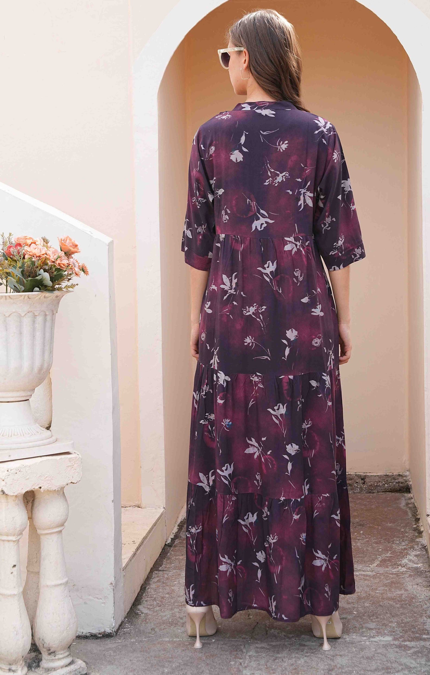 Wine-Colored Maternity Long Gown