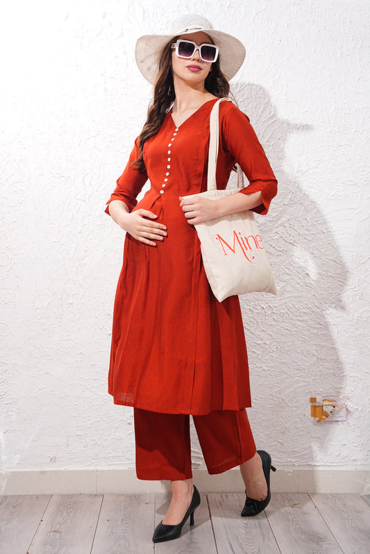 Womens Maternity Kurti Pant Set - Red