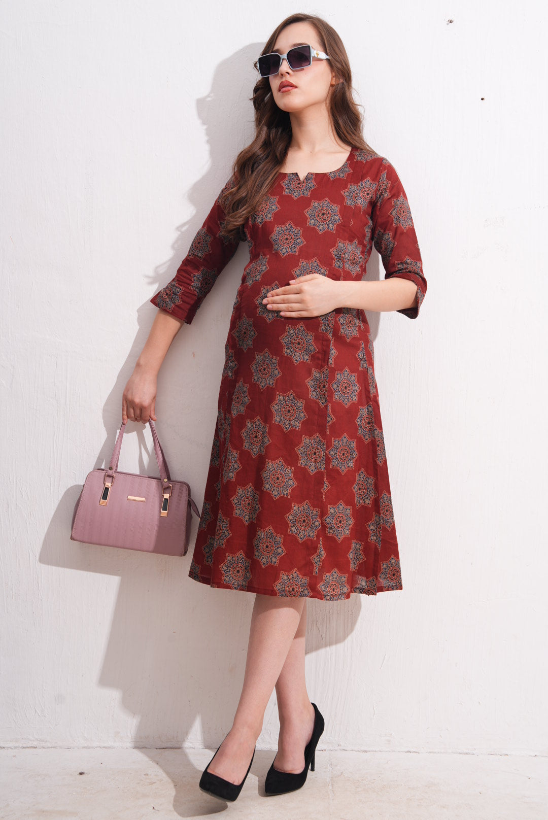 Red-Colored Maternity 3/4th Gown