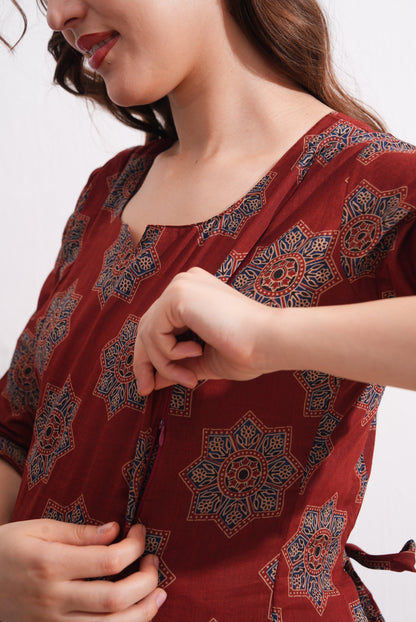 Red-Colored Maternity 3/4th Gown